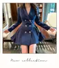 2021 Red A Line Blue Women Dresses Double Breasted hacked Collar Blazer Dress Solid Chic Office Lady V Neck Spring Fall Elegant Mini Dress