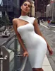 Celebrity Bandage Hollow Sexy Dress Summer 2020 New Women's Color sólido Bandage Dress Bodycon Stand Collar Party Dress Elegant T200603