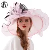 Fs sommar kyrka hattar för kvinnor elegant rosa organza damer tea party bröllop hatt stor bred brim fascinator vintage fedora y200602