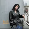 Autumn New Design Kvinnor Turn Down Collar Cool Fashion Blazer Suit Style Pu Leather Long Sashes Coat SMLXL