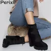 Perixir Plattform Stiefeletten Frauen 12 cm Dicke Ferse Plattform Stiefel Mode Damen Herbst Winter Arbeiter Schuhe Schwarz Große Größe 3643 201105