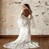 2021 Sexy Backless Dresses Mermaid Pearls Long Juliet Sleeves Sweep Train Lace Custom Made Beach Wedding Bride Gown Vestido De Novia 401 401