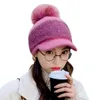 Women Winter Thick Warm Fuzzy Knit Beanie Cap with Visor Bill Cute Pompom Cold Weather Windproof Skullies Baseball Cap237H