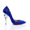 Luxury Women Bling Seahorse heel Diamond single dress shoes Rhinestone Wedding Pumps Silver Plated high heeled Ladies Full Royal Blue Crystal Drilled Heels