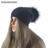 Autunno Inverno Pompon Beanie Hat Donna Lavorato a maglia di lana Skullies Berretti Berretto da donna casual Cappelli di pelliccia di procione reale 220112