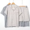 Pijama hombre short sleeve tops shorts Cotton double gauze plaid men home clothing summer short sleeve sleepwear pyjamas homme LJ201112