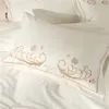 高級ホワイトブルーヨーロッパの寝具セットクイーンキングサイズ刺繍エジプト綿のベッドリネン羽毛布団カバーベッドシートピローケースT200706