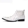 Men Luxury Fashion Ankle Boots Genuine Leather Prom Nightclub White Dress Shoes Pointed Oxford Men Party Rivets Boots