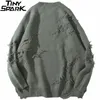 Hip Hop Streetwear Knitted Men Vintage Retro Plain Ripped Pullover Cotton Haruku Casual Loose Sweater 201203