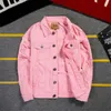 Men/Women Pink white Ripped Hip Hop Denim Jackets Fashion Distressed Hole Casual Streetwear Male motorcycle Jeans Jacket 5XL 201127