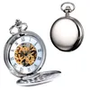 2020 New Arrival Silver Smooth Double Full Hunter Case Steampunk Skeleton Dial Mechanical Pocket Watch With Chain for Best Gifts T200502