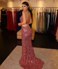 ASO EBI Nya sexiga rosa aftonklänningar bär halter Keyhole Sequined Lace Side Split Sequins Mermaid Open Prom Back Dress Formal Party Gowns