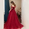 New Fashion Dark Red A Line Prom Dresses Off Shoulder Velvet Top Tulle Special Occasion Dresses Formal Dress Evening Gowns with Sashes