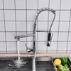 Chrome Finish Dual Spout Kitchen Sink Faucet Deck Mount Spring Kitchen Mixer Tap Kitchen Hot and Cold Water Tap T200424