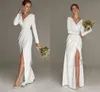 Enkel sjöjungfru vit slits bröllopsklänning för kvinna med långa ärmar civil brudfestklänning smal v hals elegant mantel de mariage 203914747