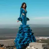 Fabulous Mermaid Beaded Backless Prom Dresses V Neck Långärmade Afrikanska Tiered Aftonklänningar Satin Sweep Train Formell Klänning