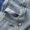 Niebieskie wielokolorowe rozkloszowane dżinsy z rozpryskami farby Męskie patchworkowe spodnie Stylizacja z ośmioma kieszeniami