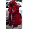 Kvinnors vinter faux päls x-lång fluffig tjock varm päls plus storlek kappa kvinna röd parkas huva nalle kall dagjacka