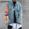 GONTHWID Van Gogh Peinture Patchwork Broderie Denim Vestes Hip Hop Casual Loose Jean Vestes Streetwear Mode Manteaux d'extérieur 201120