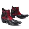 6 CM Height Italian fashion Men motorcycle boot Red Metal pointed party Dress Shoes Nightclub Rock Men Rivet Ankle Boots