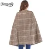 Benuynffy Kvinnors Läder Buckle Klädhylsa Plaid Tweed Cape Coat Höst Vinter Elegant Ol Workwear Women Ytterkläder Coats 201216