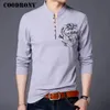 Coodrony Chinese Style Mandarin Collar T-shirt Män Långärmad Bomull T-shirt Män Kläder Linen Tee Homme Tshirt T006 201116