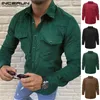 Homens incerun camisas casuais manga longa sólida camisa de lã de lã Slim botão para baixo bolsos outono morno diariamente selvagem Mens Blusa Camiseta1