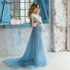 Encaje formal embarazada foto vestido de manga larga de tul azul real vestido de fiesta vestidos de noche más el tamaño 2020 vestido de noche del partido LJ201124