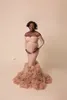 Eleganckie rumieniec różowy ruffles szaty macierzyńskie kobiety z długim rękawem photoshoot puszyste warstwowe sukienka formalna impreza nakładka śluba 2021