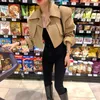 New design women's korean fashion camel color turn down collar long sleeve short high waist woolen jacket coat casacos