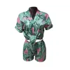 Women\u2019s Suit Two Piece Summer Polyester Outfits Tropical Short Sleeve Button Down Tops and Shorts Casual Set G220311