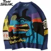 Hip Hop Streetwear Pull Tricoté Hommes Kanji Monstre Imprimé Pull Harajuku Coton Automne Mode Casual Pull Hipster 201221
