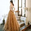 Ssyfashion 새로운 럭셔리 샴페인 이브닝 드레스 로맨틱 스팽글 스플 라이스 공주 긴 레이어드 드레스 공식 가운 Vestidos de noche lj201118