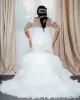 Size 2022 Plus Mermaid Wedding Dresses Bridal Gown Lace Applique Beaded Scoop Neck 3/4 Long Sleeves Tulle Sweep Train Ruffles Custom Made Vestido De Novia