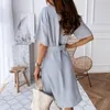 Mode Midi Kleid mit Gürtel Frauen Sommer Casual einfarbig Kurzarm V-Ausschnitt Knopf Hemd Kleid Vestidos de Fiesta LJ200812