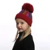 Cappello da bambina con pompon in pelliccia di volpe invernale per bambini Berretto in lana di cashmere lavorato a maglia Colori stampa Skullies Cap Y201024
