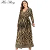 5XL 6XL Plus Size Winter Dress Long Sleeve Women V Neck Striped Leopard Print Casual Maxi Long Dresses Belted Split Wrap Dress 201125