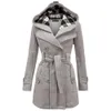 YMING femmes hiver Double boutonnage pois à manches longues manteau mi-longueur Outwear Trench vérifier capuche manteau 201218