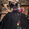 Черное бальное платье сладкое 16 платьев мексиканской темы с плеча бисера черный сатин Vestidos de Quinceanera платье