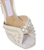 Elegante novia Zapatos de vestir de novia Sandalias de perlas de Saracria Perlas blancas Adornadas Sexy Niza Tacones altos Correa de tobillo Bombas de mujer EU35-42 CON CAJA