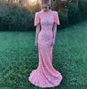 2019 Vintage Sheer Långärmade Röda Prom Klänningar High Neck Mermaid Appliqued Sequined African Black Girls Evening Gowns Pink Blue Dress