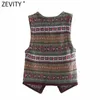 Zevity Women Indie Folk v Neck Contrast Color Flower Print編みベストセーター女性シックなレトロチョッキカーディガントップスS541 210204