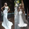 Nowoczesne Nowe Designer Suknie Ślubne Kwadratowe Koronki Satynowe Suknie Ślubne Spaghetti Paski Backless Sweep Pociąg Syrenka Suknia Ślubna