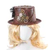 Steampunk kapelusze w stylu Retro karnawał Cosplay melonik łańcuch biegów Feather Decor czapki imprezowe Halloween brązowy okrągły wierzchołek kapelusze dla kobiet mężczyzn T200620