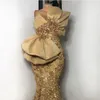 Sprankelende gouden kant lovertjes prom dresses zeemeermin satijn grote boog vintage mouwloze Dubai Arabische avondjurken Midden-Oosten vrouwen robe de soiree plus size AL9764