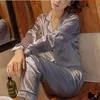 Frauen Silk Satin Pyjamas Pyjamas Set Langarm Nachtwäsche Pijama Pyjamas Anzug Weibliche Schlaf Zwei Stück Set Loungewear Weiche Tragen1