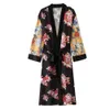 Women Flower Print Kimono Cardigan Blouse Bandage Summer Holiday Beach Cover Up Boho Long Loose Casual Shirts Robe with Belt LJ200831