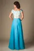 Long Blue Broderi Chiffon Long Modest Prom Klänningar med Cap Sleeves Beaded A-Line Summer High School Formal Party Dresses Aftonklänningar