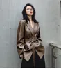 Autumn New Design Kvinnor Turn Down Collar Cool Fashion Blazer Suit Style Pu Leather Long Sashes Coat SMLXL