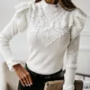 Elegant Women Sweaters Lace Ruffles Decor O-Neck Long Sleeve Solid Colors Women Shirt Slim Pullovers Knitted Top Clothes